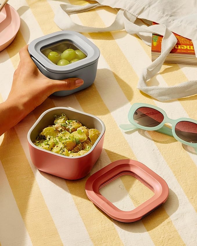 Caraway Mini Square Food Storage Container - 1.75 Cup Glass Storage Container for Food - Non-Toxic Ceramic-Coated Glass - Air Release Technology - Compact & Stackable Design - Mist