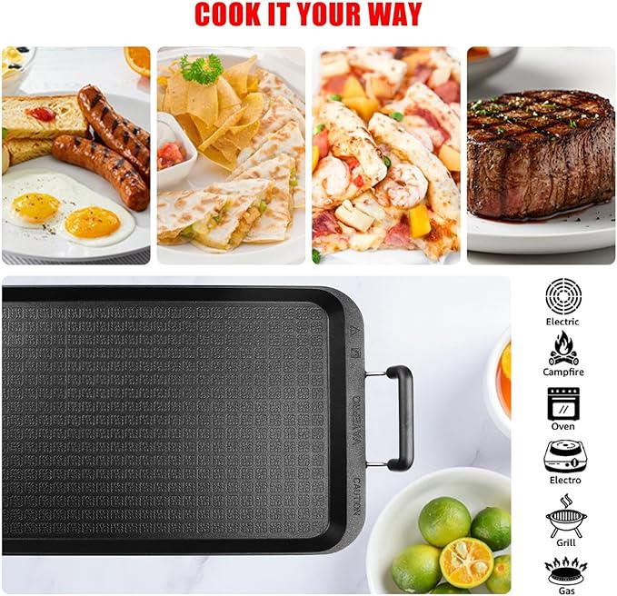 22"x12" Large Family Griddle Pan - Double Burner Griddle Comals Para Tortillas Grande, Non-Stick PFOA-Free Aluminum Grill Pan for Gas Stove/electric stovetops/Indoor/Outdoor Camping
