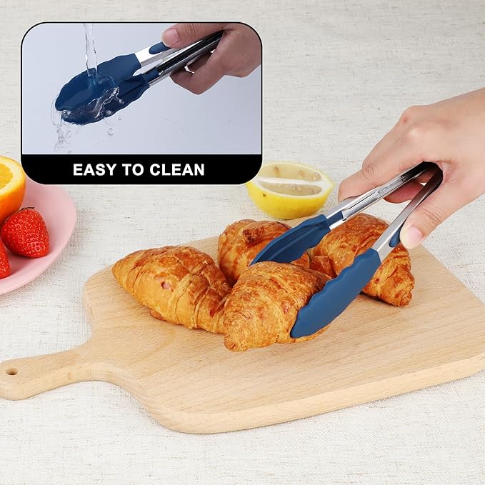 Hotec Mini Silicone Kitchen Tongs for Cooking - 7-Inch Small Serving Tongs with Silicone Tips, Set of 3 (Classic Blue)