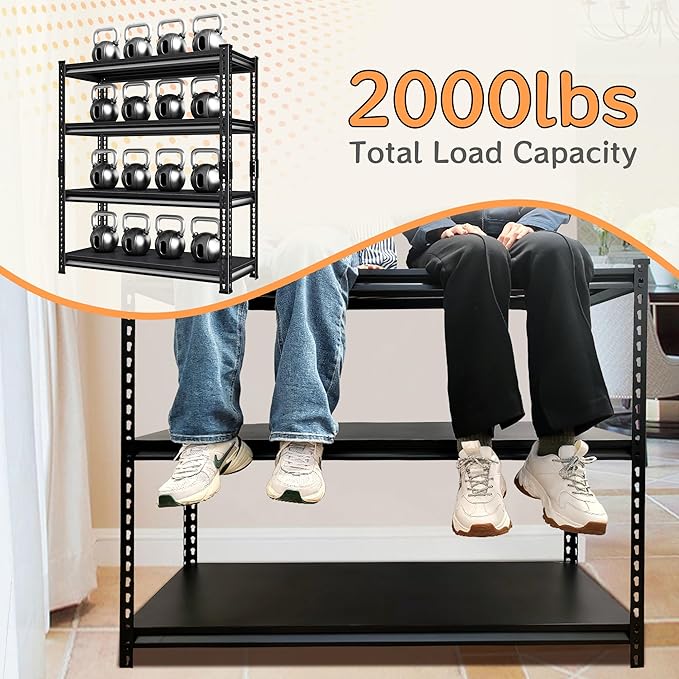 Adjustable Shelving Units and Storage, 48”W Garage Shelving Heavy Duty,2000LBS Loads 4-Tier Garage Storage Shelves, Metal Shelves for Living Room,Pantry,48”W×16”D×72”W,Black