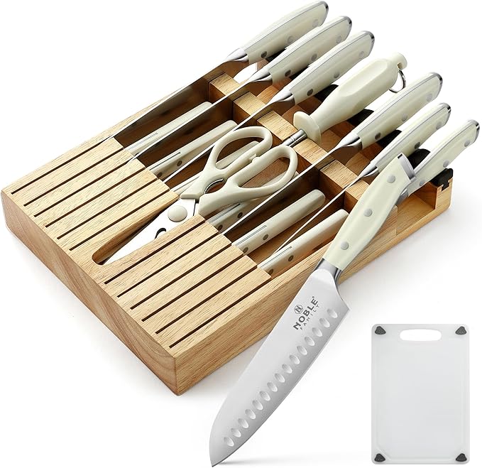 In-drawer Knife Block Set, 16PCS Kitchen Knife Set with Wooden Block, Chopping Knives Set, Stainless Steel Knife Block Set, Sharp Cooking Knife Set with Cutting Board, Rust Proof, White
