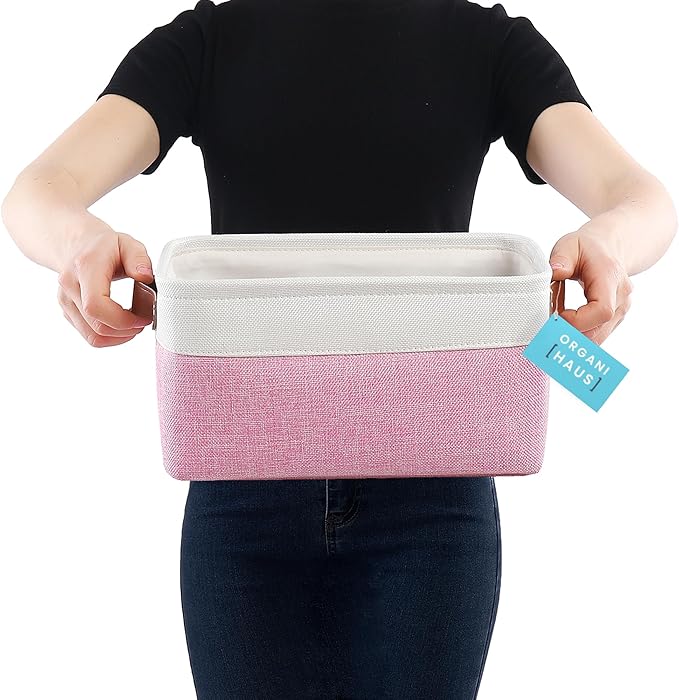 OrganiHaus Small Fabric Storage Baskets for Shelves 3 Pack, 12x08in Closet Storage Bins for Shelves, Canvas Baskets for Organizing, Linen Closet Organizers, Cloth Basket, Pink/Off-White