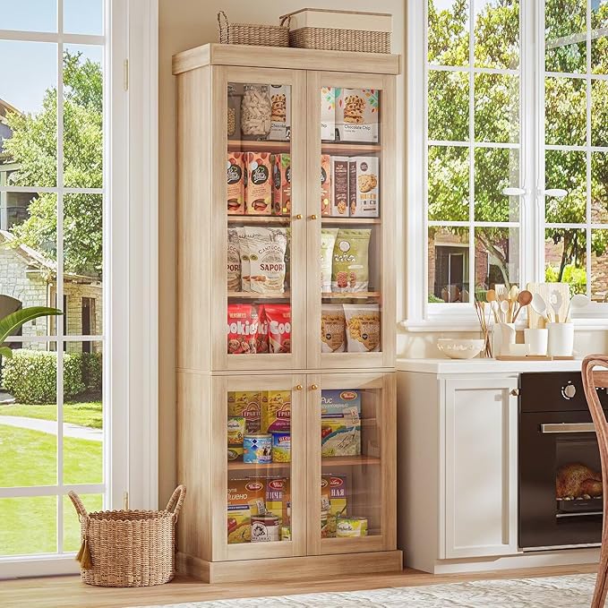 70.8" Tall Farmhouse Bookshelf, Modular Bookcase with Glass Doors, 6-Tier Adjustable Shelves, Large Storage Cabinet for Kitchen, Living Room, Brown, Set of 3