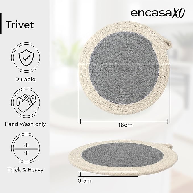 Encasa XO Round Trivet Mats for Hot Dishes with Hanging Loop | Grey Combo - Set of 3 with 7 inch Diameter | Cotton Round Thick Heat Resistant Pot Holders | Use Hot Pads Plate Mats for Hot Pots & Pans