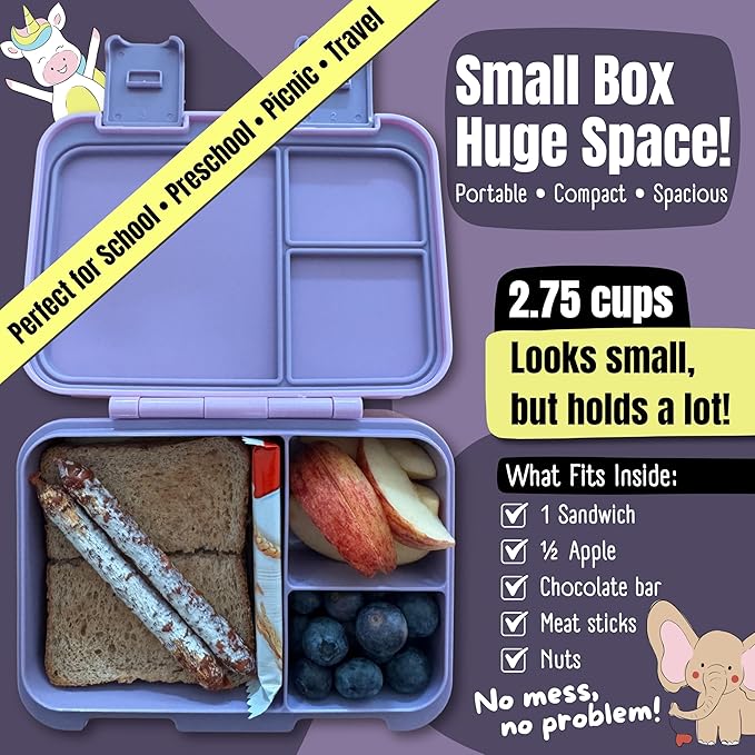 BEARFOOT Kids Lunch Box with Compartments – Compact & Lightweight | Leak-Proof, BPA-Free, Dishwasher & Microwave Safe | Hand-Drawn Design for Preschool, School, Travel (Unicorn Purple, 2.75 Cups)