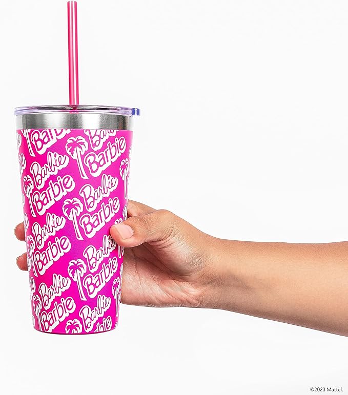 Dragon Glassware x Barbie Vacuum Insulated Tumbler with Lid and Straw - 16 oz Tumbler Cup with 2 Straws - Stainless Steel Tumbler with Straw for Water, Iced Tea - Travel Coffee Tumbler - Classic