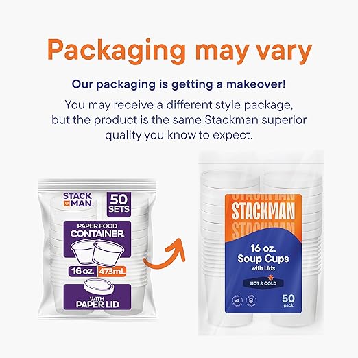 Stack Man [16 oz. - 50 Sets] Paper Food Container with Lid, Insulated Food Cups with Vented Lids - Hot or Cold To Go Soup Cup, for Soups, Ice Cream and Yogurt - Eco-Friendly - White