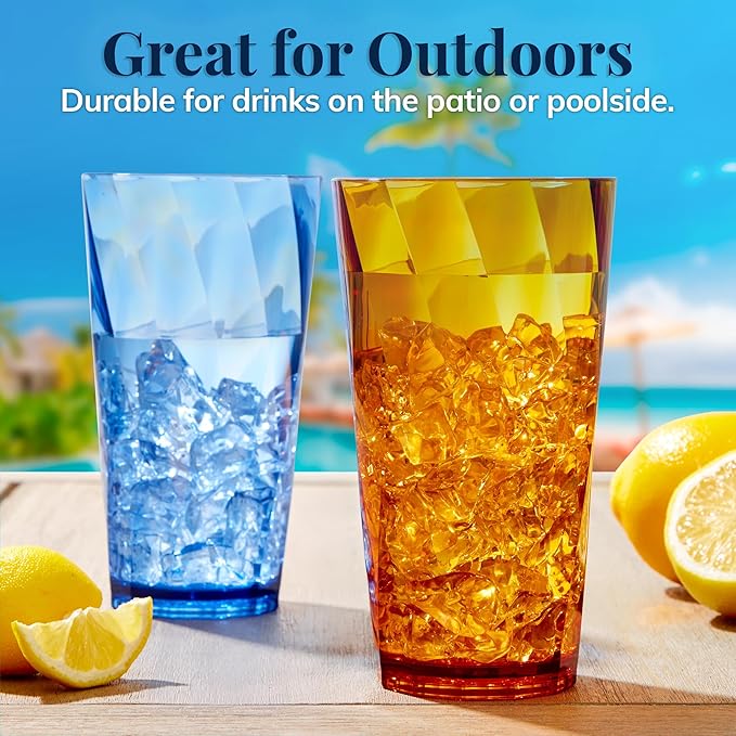 US Acrylic Optix Plastic Reusable Drinking Glasses (Set of 8) 20oz Water Cups in Jewel Tone Colors | BPA-Free Tumblers, Made in USA | Top-Rack Dishwasher Safe