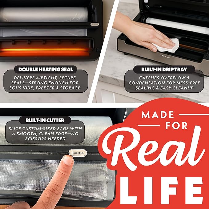 Gourmia Vacuum Sealer – Food Preservation System with Marinate Mode, Pulse Control, LED Display, Built-In Cutter, Gentle & Normal Vacuum Options, Stainless Steel