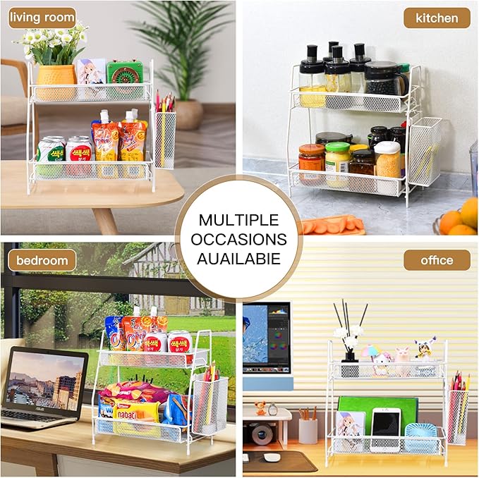 LEMIKKLE Countertop organizer for bathroom counter, bathroom organizers and storage, spice rack organizer for kitchen counter shelf with small basket(White)