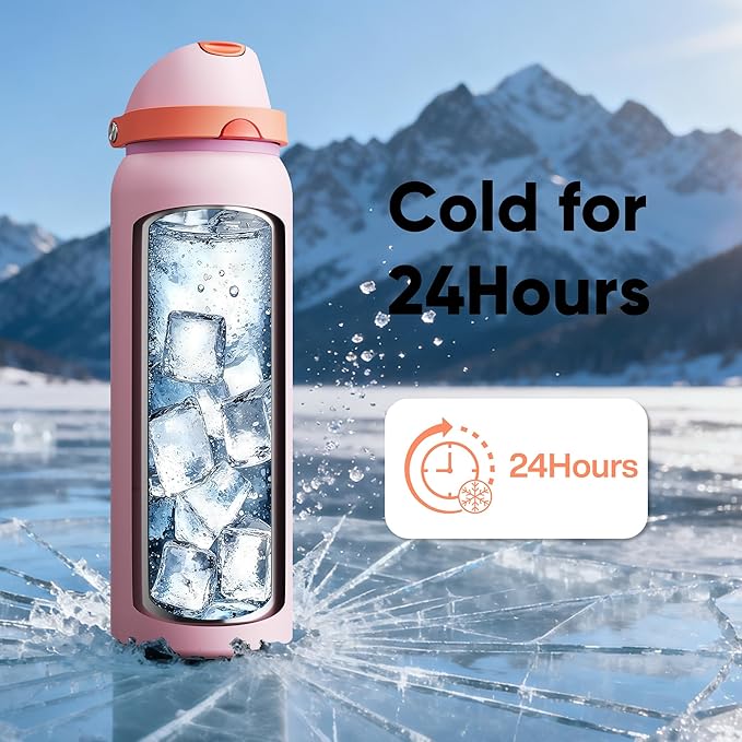 Insulated Water Bottle with Straw - Encool Stainless Steel Water Bottle with Push Button Lid, Leak-Proof & BPA-Free, Keeps Cold for 24 Hours for Sports, Travel, Gym (40 oz, Lily-Red)