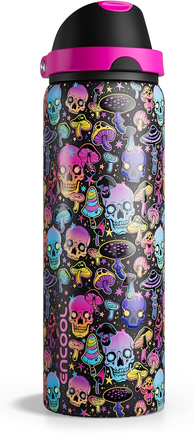 Halloween Insulated Water Bottle with Straw - Stainless Steel Water Bottle with Push Button Lid, Leak-Proof BPA-Free, Keeps Cold for 24 Hours for Halloween gifts, Party (32 oz, Trippy Skulls)