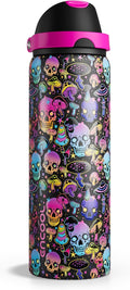 Halloween Insulated Water Bottle with Straw - Stainless Steel Water Bottle with Push Button Lid, Leak-Proof BPA-Free, Keeps Cold for 24 Hours for Halloween gifts, Party (32 oz, Trippy Skulls)