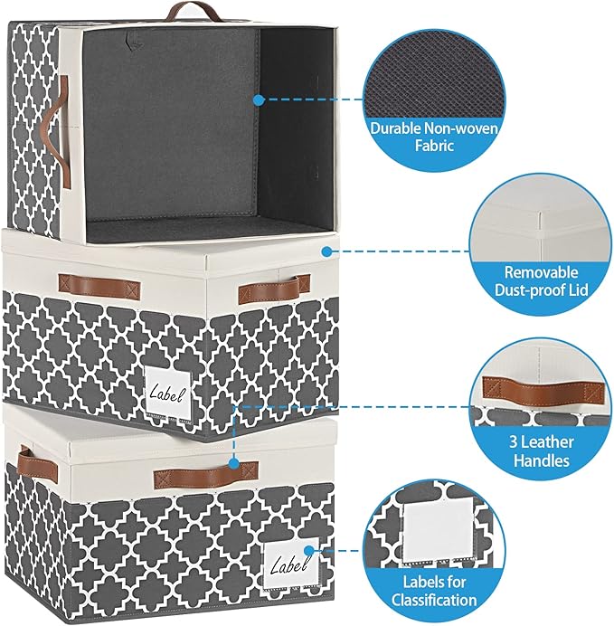 GhvyenntteS Large Fabric Storage Bins with Lids (6 Pack), Foldable Decorative Storage Boxes with Lids and 3 Handles, Sturdy Storage Baskets with Label Window for Home Office (White&Lattice Grey)