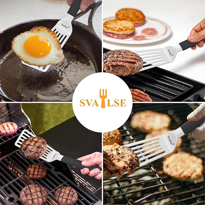 Fish Spatula Stainless Steel, 2Pcs Thickened Metal Spatulas, Slotted Turner with Silicone Handle for Cooking, Grilling, Flipping, Egg, Cookie, Pancake and Burger (Small and Large)