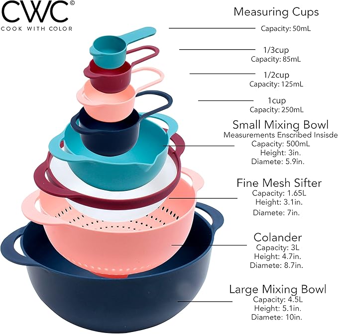 COOK WITH COLOR Nesting Bowls with Measuring Cups Colander and Sifter Set - Includes Mixing Bowls, Colander, Sifter and Measuring Cups, Navy, 8 Pc Bowl