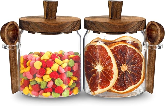 Glass Food Storage Jar with Lids Spoon Glass Coffee Canister Borosilicate Glass Food Containers for Ground Coffee Beans Nut Pasta Sugar Candy Spice Rice Tea (400ml/13.5oz-2 pcs-with spoon)
