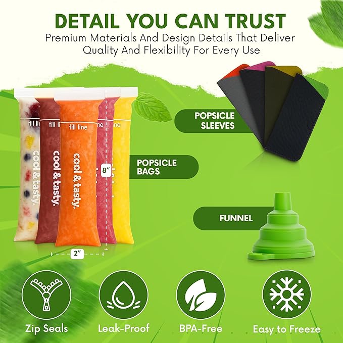 150 Disposable Popsicle Mold Bags with Zip Seals & 4 Popsicle Sleeves, 8x2" Freezer Tubes for DIY Ice Pops, Yogurt, Juice & Fruit Smoothies - Includes Funnel & Popsicle Sleeves, BPA-Free