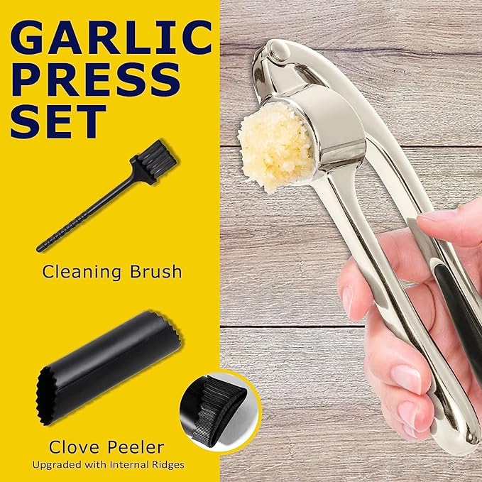 Premium Garlic Press Stainless Steel - Elevate Your Culinary Experience with Our Premium Garlic Mincer, Crusher & Peeler Set, Dishwasher Safe & Rust-proof (Imperial Silver)