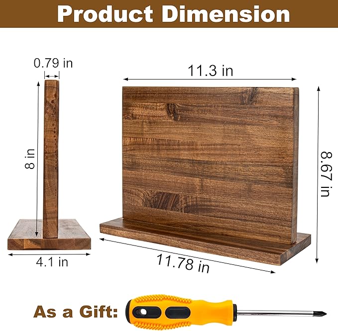 Magnetic Knife Holder,Double Sided Magnetic Knife Block for Kitchen Counter,Acacia Wood Strong Magnet Knife strip
