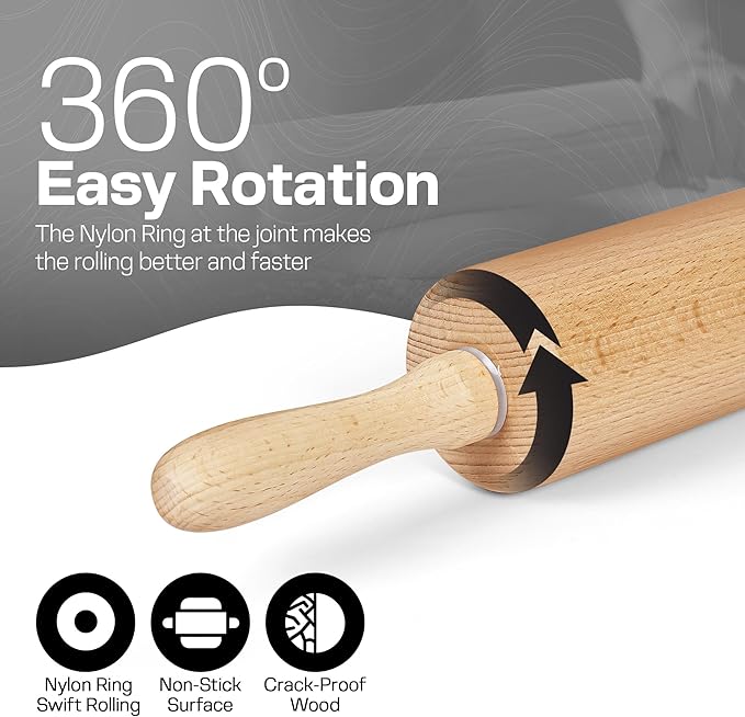 Wooden Rolling Pin 17.6 Inch with Rotating Ergonomic Handles – Classic Beech Wood Dough Roller for Baking Pizza, Pastry, Bread, and Cookies