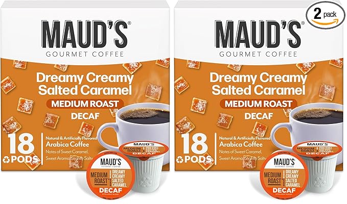 Maud's Decaf Salted Caramel Flavored Coffee Pods, 18 ct, Decaffeinated Medium Roast Flavored Coffee in Recyclable Single Serve Pods – 100% Arabica Beans, Compatible with Keurig K Cups Maker