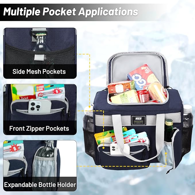 MIER Large Lunch Box for Men Women Adult Insulated Soft Sided Cooler 30 Can Leakproof Lunch Bag Collapsible for Work Travel Camping Beach, 18L (Blue-No Luggage Strap)