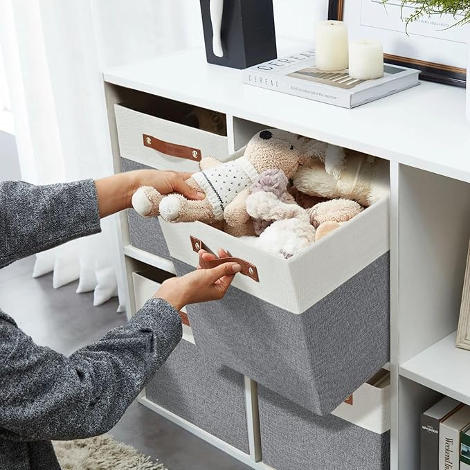 DECOMOMO Fabric Cube Storage Bins - Storage Baskets for Shelves, Cube Storage Organizer for Kallax and Cubbies (Grey & White, 11 inch Cube) - 4 Pack