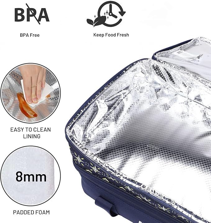 MIER Insulated Double Casserole Carrier Bag for Lasagna Lugger, Potluck Parties, Picnic, Beach, Fits 9 x 13 Inches Baking Dish, Casserole Dish, Expandable, Dark Blue