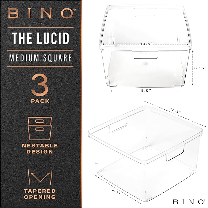 BINO | Plastic Storage Bins, Square - 3 Pack | THE LUCID COLLECTION | Multi-Use Bins | Built-In Handles | BPA-Free | Clear Containers | Fridge Organizer | Pantry & Home Organization