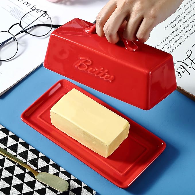 Bruntmor Ceramic Butter Dish With Lid. Butter Holder/ Tray/ Storage With Lid And Handle. Porcelain Butter Keeper For Countertop. Butter Dish With Cover in Red Color.