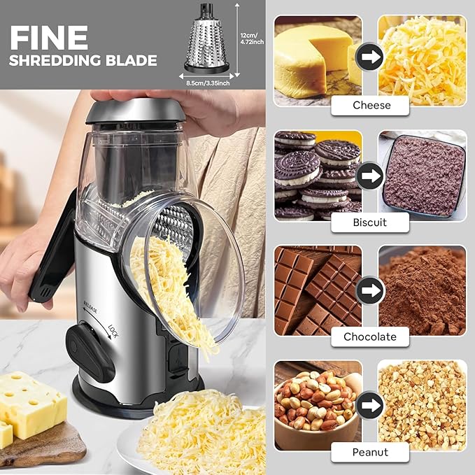 Airpro Rotary Cheese Grater with Handle - Vegetable Shredder with 3 Stainless Steel Blades & Strong Suction Base,Round Mandoline Slicer & Food Chopper for Kitchen