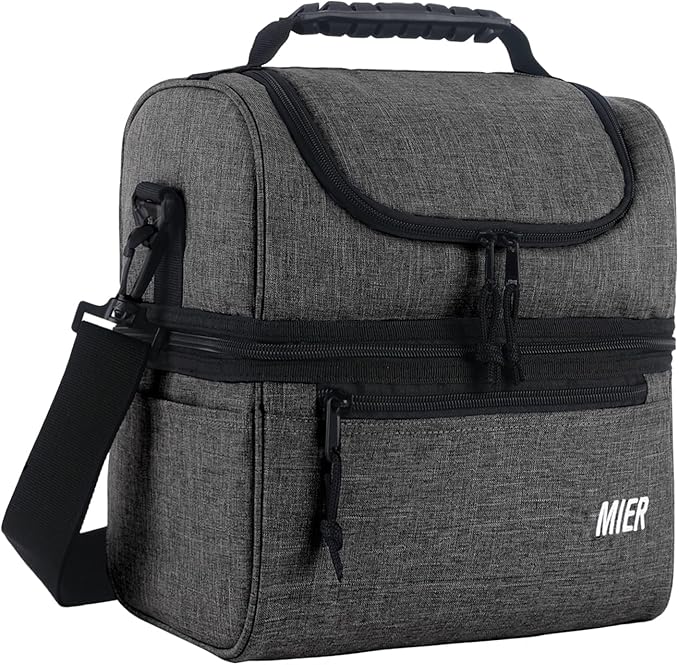 MIER 2 Compartment Lunch Bag for Men Women, Leakproof Insulated Cooler Bag for Work, Grey, Medium