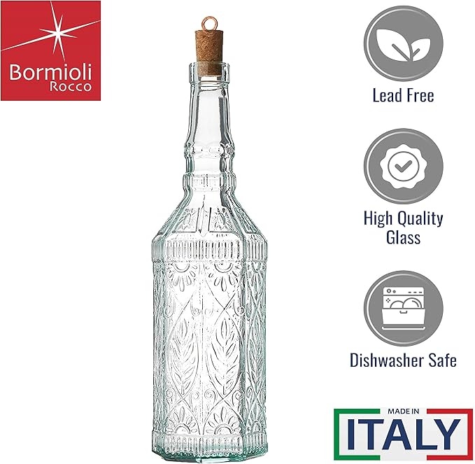 Bormioli Rocco Set Of 2 Country Home Fiesole Bottle, 24-ounce With All Natural Cork Lid, Blue-green Tinted Star Glass, Elegant And Floral Design Made In Italy.