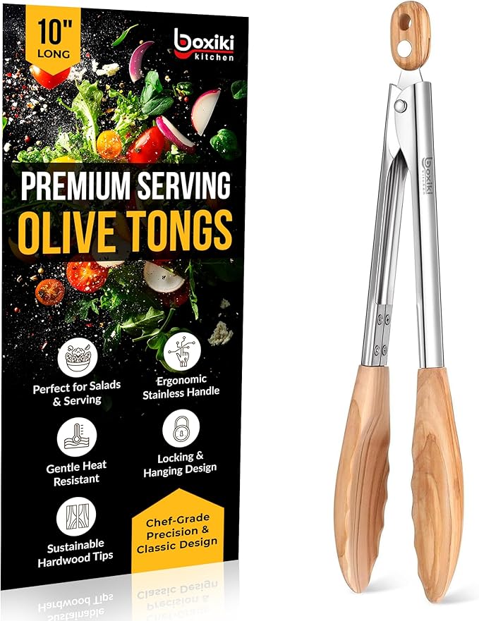 Boxiki Kitchen Tongs for Cooking with Wooden Tips - Wooden Tongs Ideal for BBQ, Salad, Toaster, Bread & Pickles - Made of Natural Olive Wood, Size 12 Inch