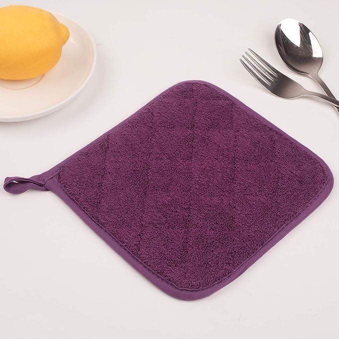 100% Cotton Kitchen Everyday Basic Terry Pot Holder Heat Resistant Coaster Potholder for Cooking and Baking Set of 5 Grape