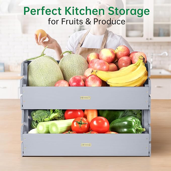 HABAU Wood Potato Onion Storage Bins - Wooden Stackable Produce Basket - Fruit Vegetable Storage for Kitchen Pantry Organization, Set 2 Pieces