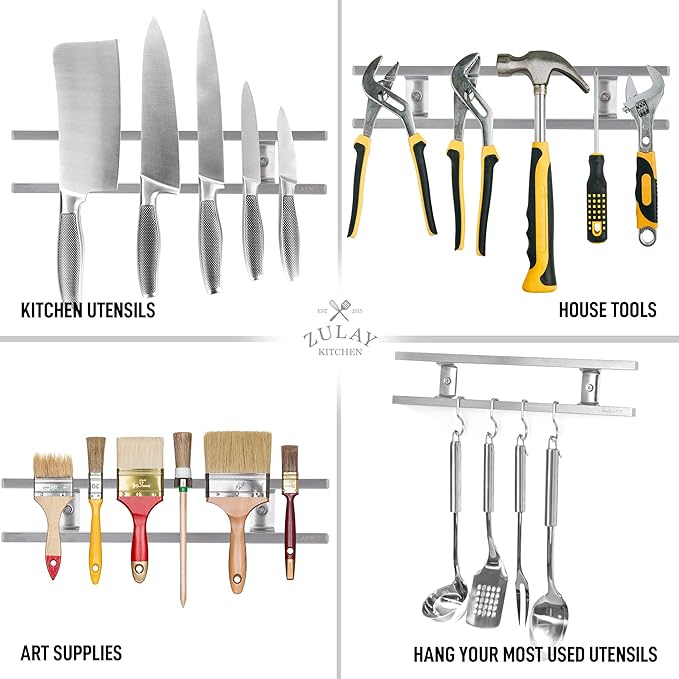 Zulay (12 Inch) Stainless Steel Magnetic Knife Holder For Wall - Powerful Knife Magnetic Strip With Extra Hanging Hooks - Wall Mount Magnetic Knife Strip & Organizer For Kitchen & Tools (Silver)