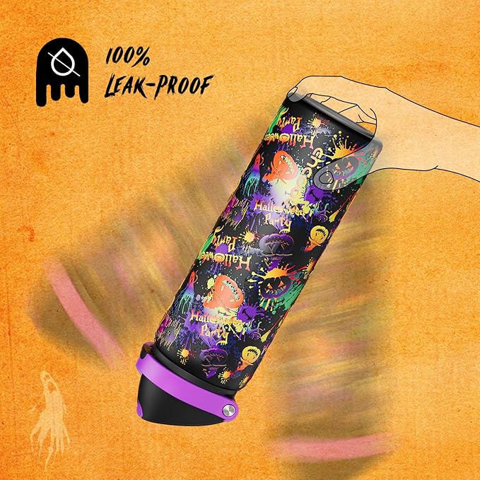 Halloween Insulated Water Bottle with Straw - Stainless Steel Water Bottle with Push Button Lid, Leak-Proof BPA-Free, Keeps Cold for 24 Hours for Halloween gifts, Party (32 oz, Ghost Party)