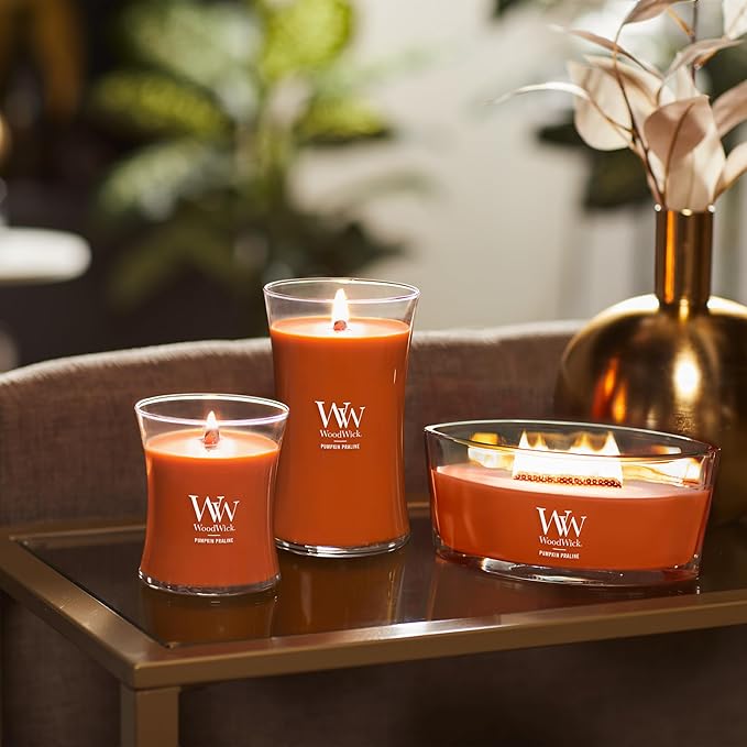 WoodWick Pumpkin Praline Holiday Candle Gifts for Women and Men, 16 oz Ellipse Candle with Crackling Wick