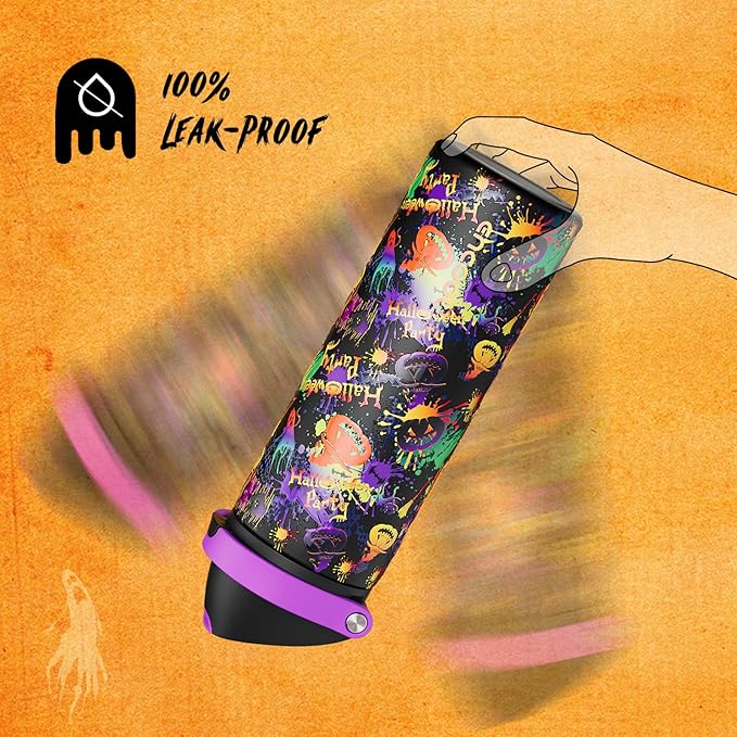 ENCOOL Halloween Insulated Water Bottle with Straw - Stainless Steel Water Bottle with Push Button Lid, Leak-Proof BPA-Free, Keeps Cold for 24 Hours for Halloween gifts, Party (24 oz, Ghost Party)