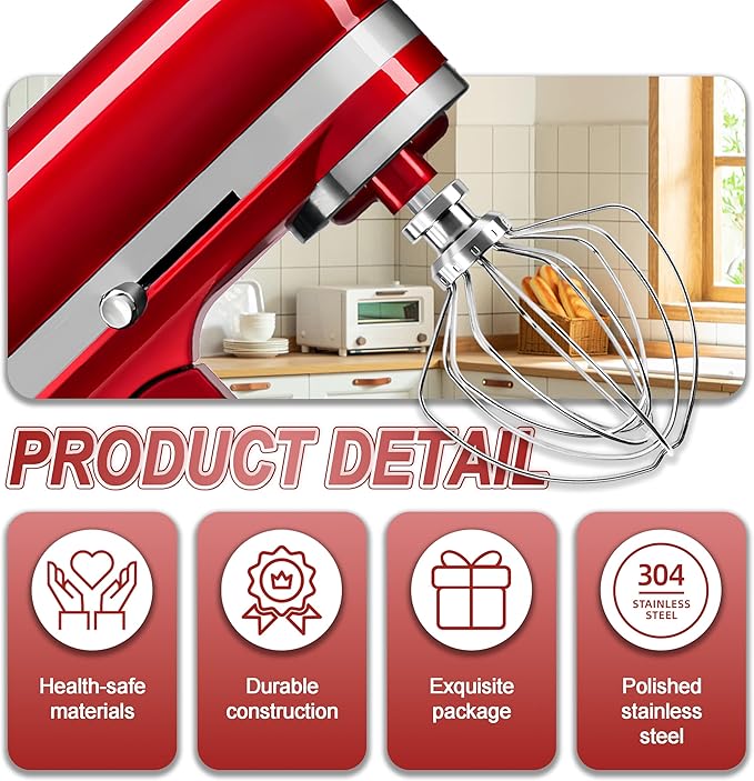 Dishwasher Safe 6 Wire Whisk,Upgrade Real Stainless Steel 6 Wire Whip Attachment for Kitchen aid Mixer,Replace K45WW Whisk Fits Kitchen aid 4.5-5 QT Tilt-Head Stand Mixer,Fast Whipping,No Aluminum
