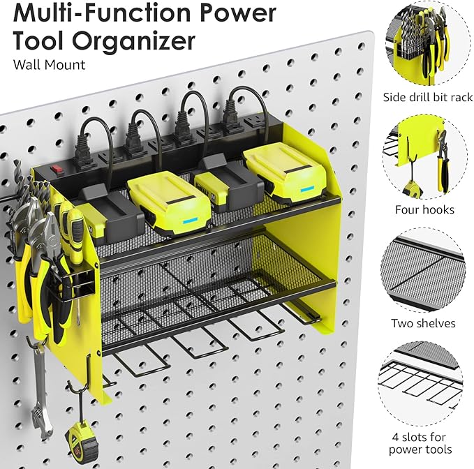 CCCEI Modular Power Tool Organizer Wall Mount with Charging Station. Garage Drill Storage Shelf with Hooks, Heavy Duty Rack, Tool Battery Holder Built in 8 Outlet. Gift for Men. Green, 2 Pack.