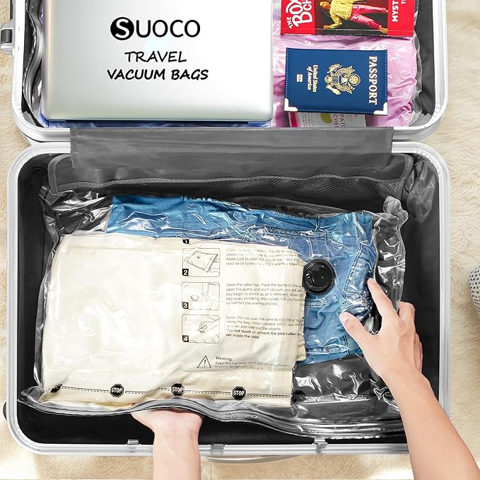 SUOCO Travel Vacuum Seal Bags for Clothing with Rechargeable Electric Pump, 12 Pack Compression Packing Bags for Luggage Suitcase Backpack, Carry-on Size Space Saver Storage