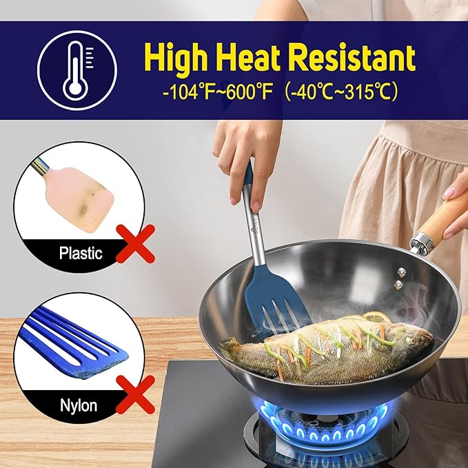 HOTEC Silicone Spatula Set of 2 Heat-Resistant 600°F & BPA-Free Kitchen SaptulaTurner with Stainless Steel Handles, Slotted & Solid Spatulas for Nonstick Cookware, 13.7 Inch, Classic Blue