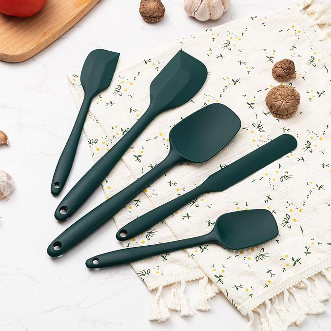 Silicone Spatula Set, 5 Piece Food Grade Rubber Spatulas for Baking, Cooking, and Mixing High Heat Resistant Non Stick Dishwasher Safe BPA-Free (Dark Green)