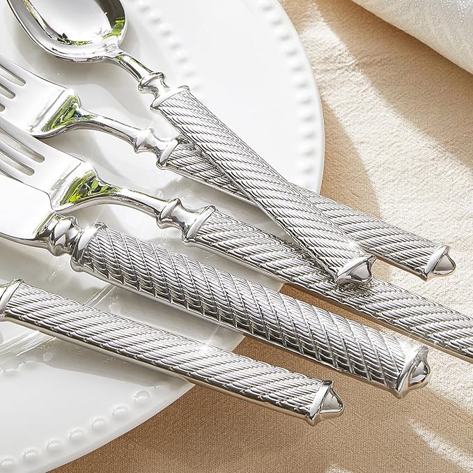 KINGSTONE Retro Rope-Pattern Silverware Set, 30-Piece Flatware Set Cutlery Set Forged with Handcrafted Texture Handles 18/10 Stainless Steel, Dishwasher Safe
