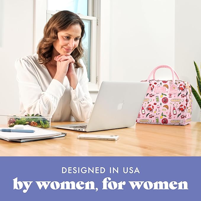 Fit & Fresh Bloomington Lunch Bag for Women - Insulated Large Lunch Box for Work with Containers, Leak-Resistant, Stain-Resistant, Zipper Closure, Pink Pasta Dinner
