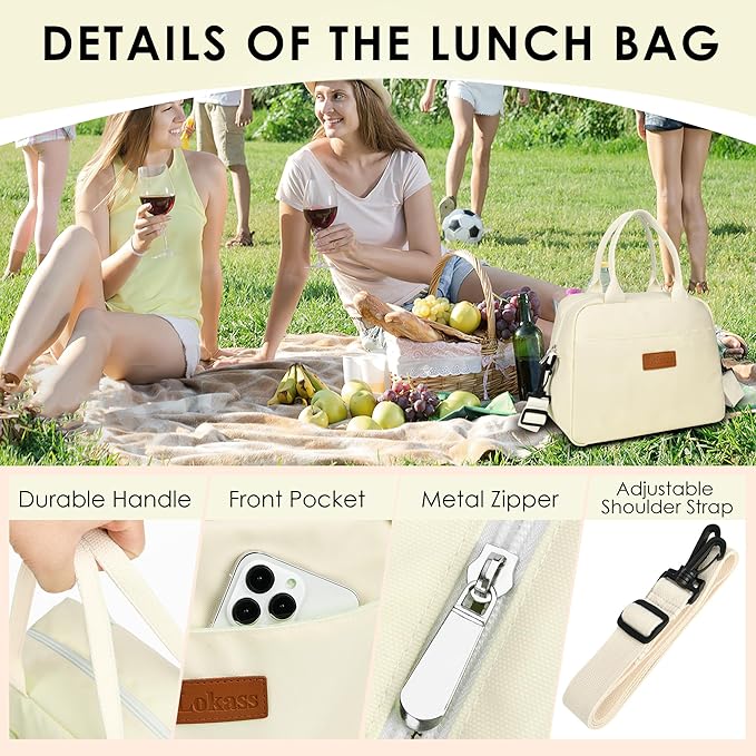 LOKASS Lunch Bag for Women-Insulated Adults Lunch Box with Front Pocket- Small Cute Lunch Tote for Work-Reusable Cooler Bag for Office Picnic Beach or Travel（Beige）