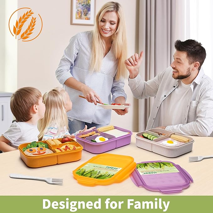 Wheat Straw Bento Box Adult, Leakproof Lunch Box Kids, BPA-Free Microwave Safe Lunch Containers with 3 Compartments (White, Regular Size)